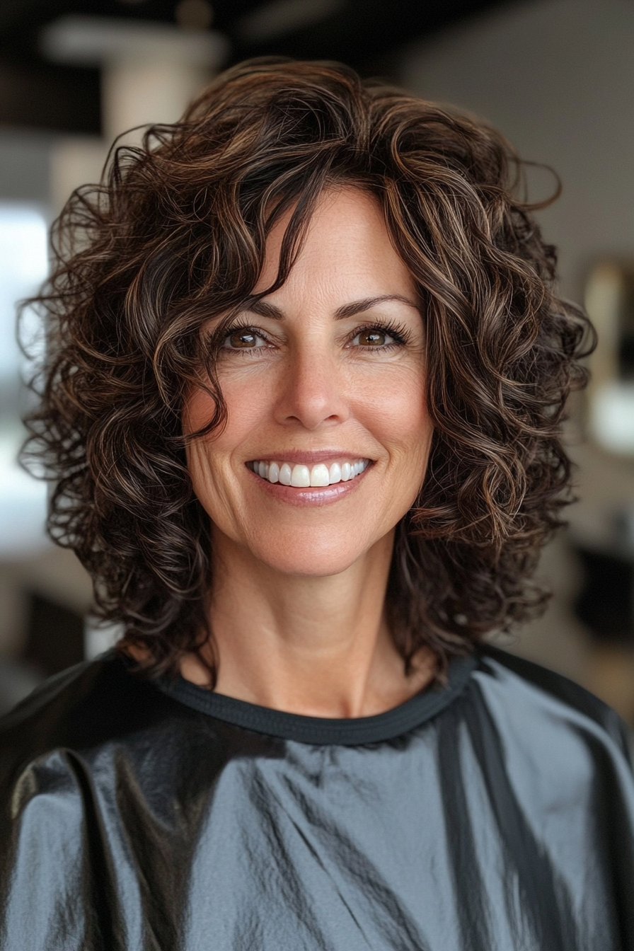 10. Voluminous Curly Lob in Deep Chocolate (Hairstyles For Women Over 50 With Curly Hair) - Hairstyles For Women Over 50 With Curly Hair