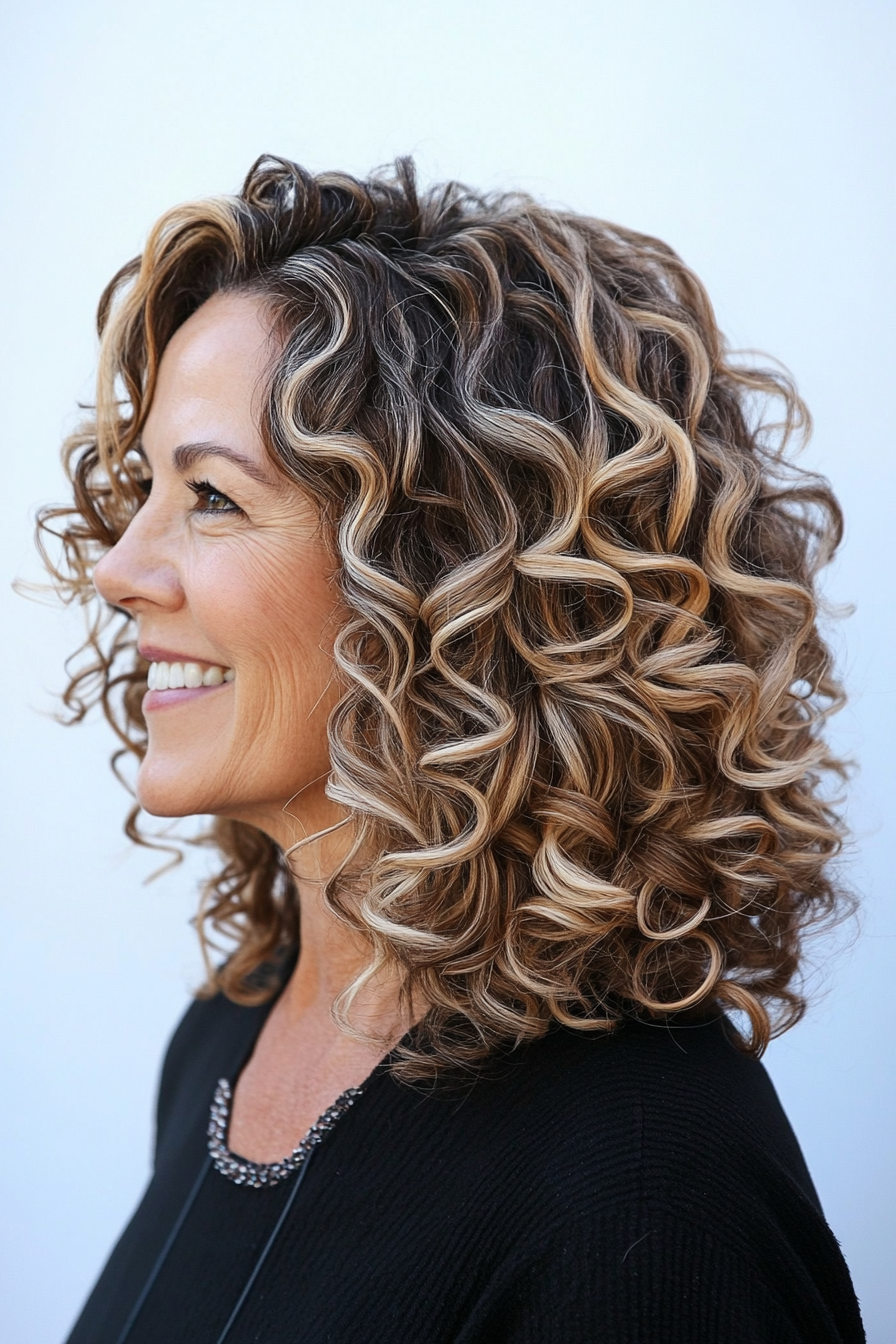 11. Spiral Curls with Beige Blonde Highlights (Hairstyles For Women Over 50 With Curly Hair) - Hairstyles For Women Over 50 With Curly Hair