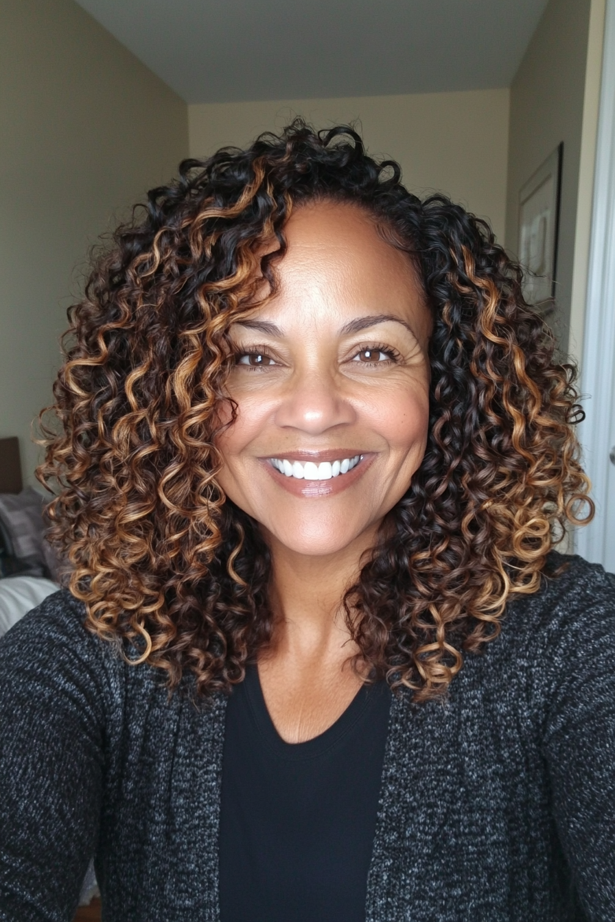 13. Textured Curls with Caramel Lowlights (Hairstyles For Women Over 50 With Curly Hair) - Hairstyles For Women Over 50 With Curly Hair