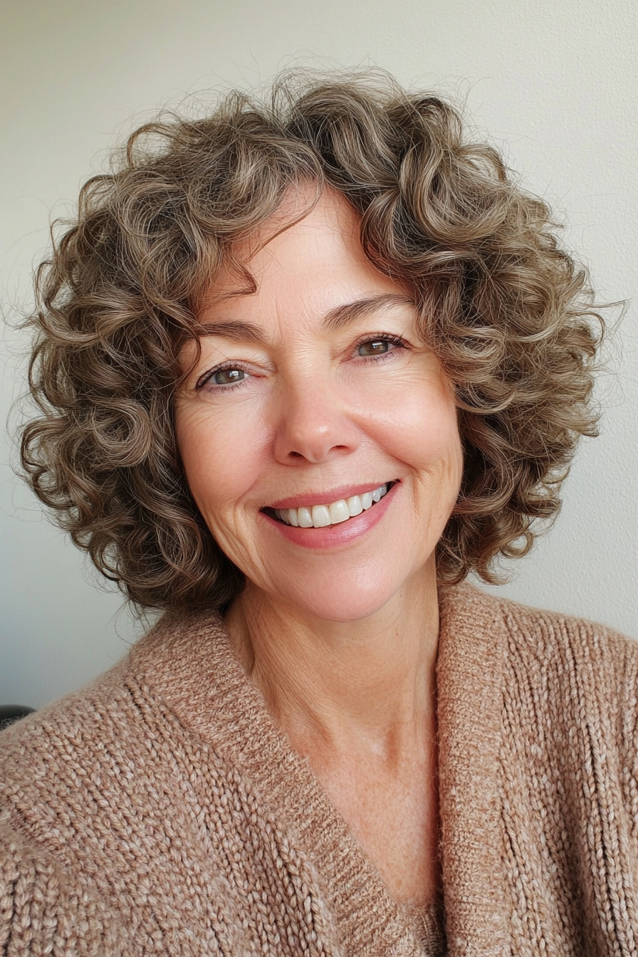 14. Curly Wedge Cut in Light Brown (Hairstyles For Women Over 50 With Curly Hair) - Hairstyles For Women Over 50 With Curly Hair