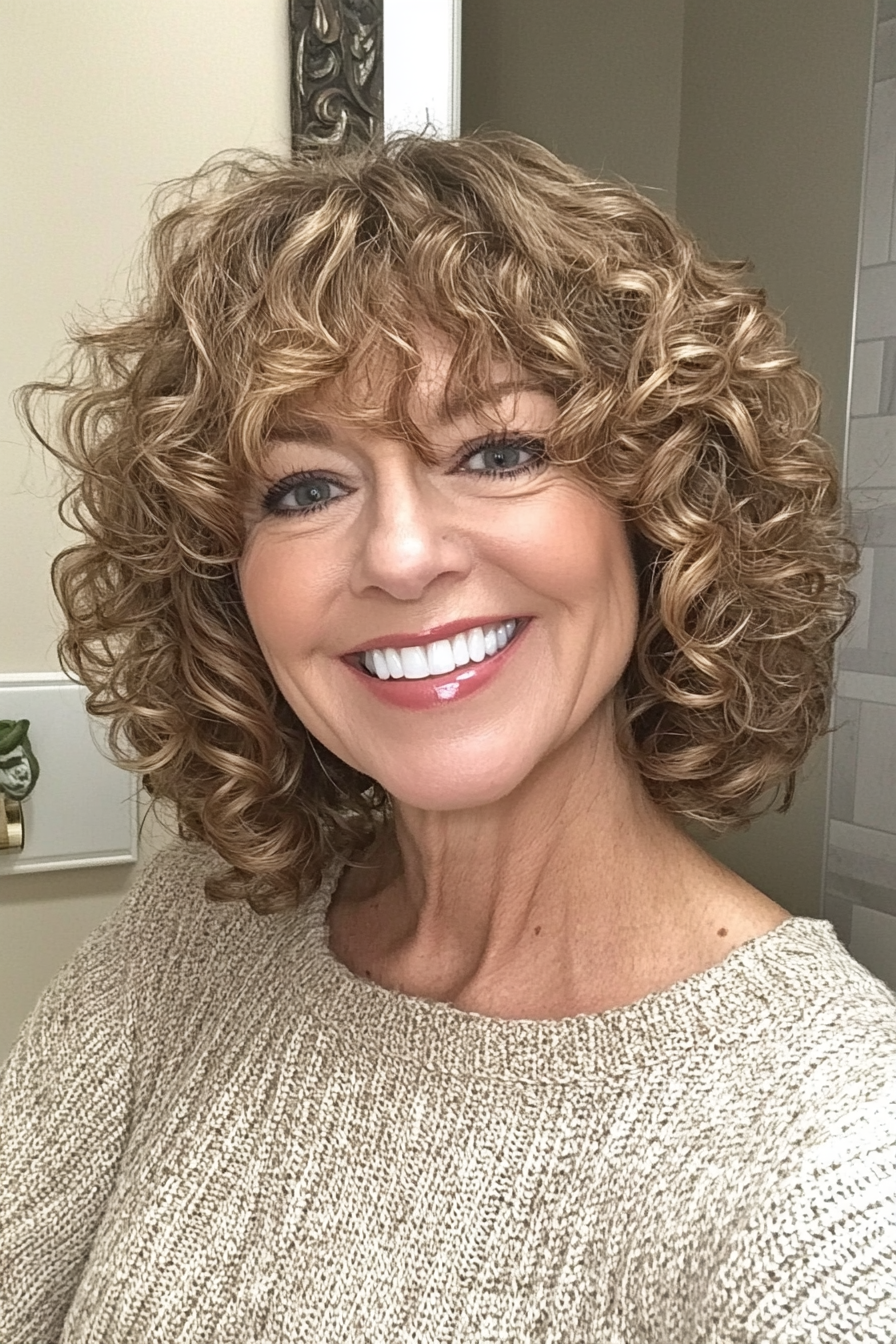 16. Curly Bob with Soft Bangs in Warm Honey (Hairstyles For Women Over 50 With Curly Hair) - Hairstyles For Women Over 50 With Curly Hair