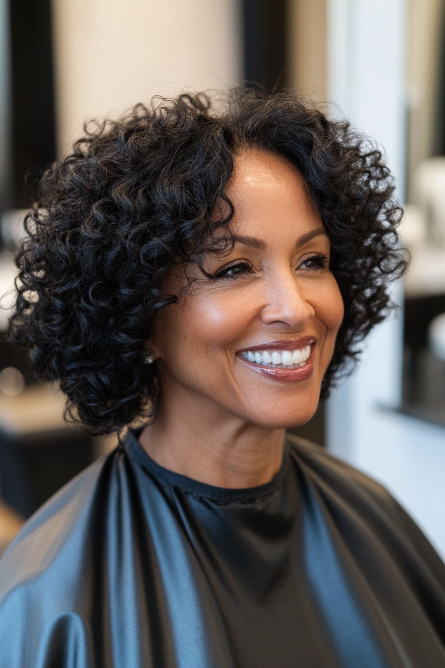 17. Side-Parted Curly Bob in Soft Black (Hairstyles For Women Over 50 With Curly Hair) - Hairstyles For Women Over 50 With Curly Hair