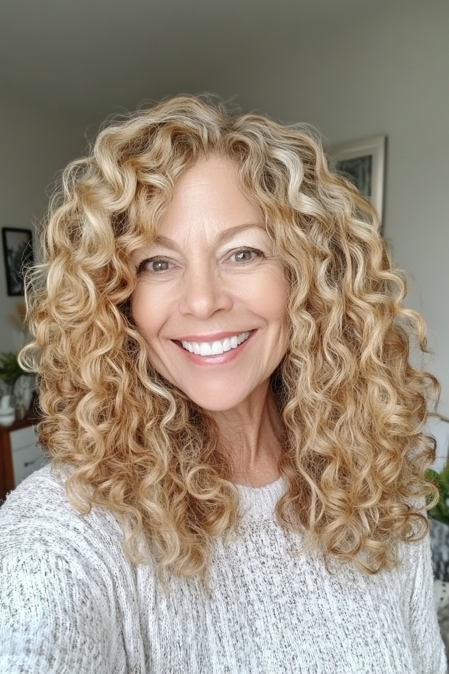 21. Air-Dried Mid Curls in Golden Blonde (Hairstyles For Women Over 50 With Curly Hair) - Hairstyles For Women Over 50 With Curly Hair