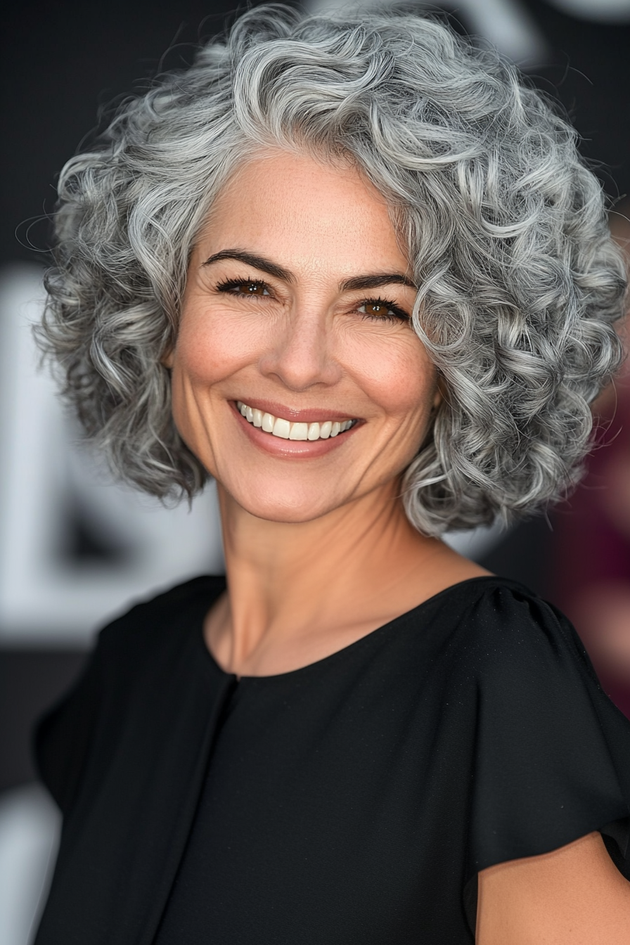 22. Low-Maintenance Curly Crop in Silver Gray (Hairstyles For Women Over 50 With Curly Hair) - Hairstyles For Women Over 50 With Curly Hair