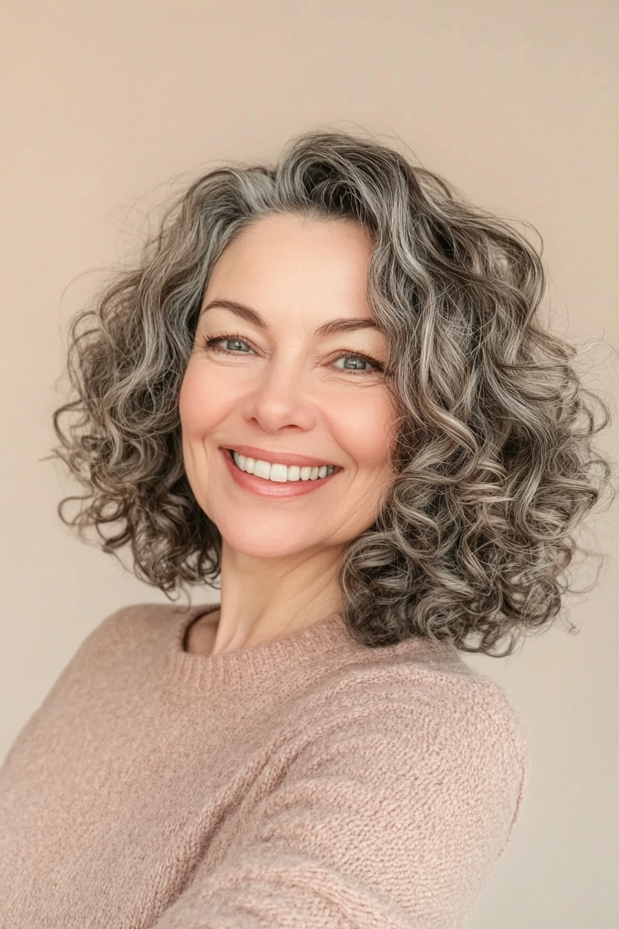 23. Asymmetrical Curly Bob in Cool Taupe (Hairstyles For Women Over 50 With Curly Hair) - Hairstyles For Women Over 50 With Curly Hair