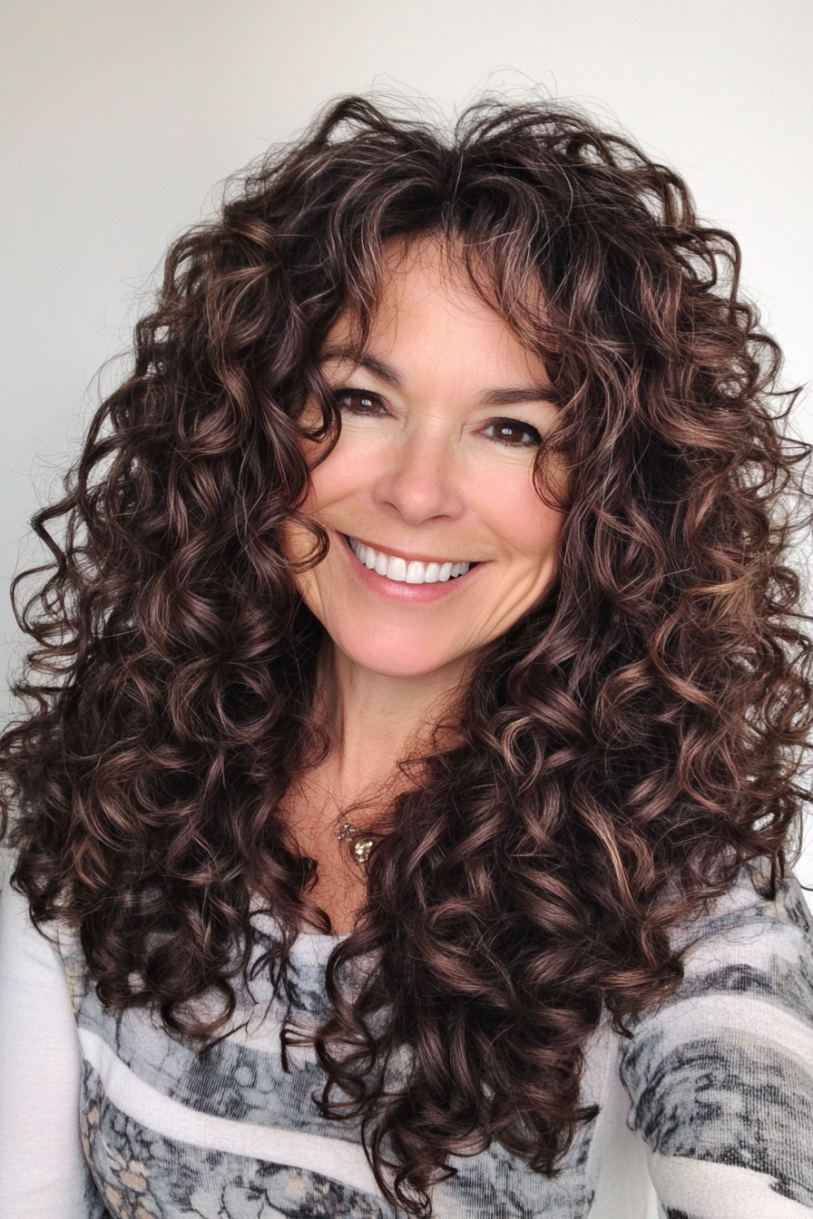 25. Loose Curls and Face-Framing Layers in Warm Brunette (Hairstyles For Women Over 50 With Curly Hair) - Hairstyles For Women Over 50 With Curly Hair