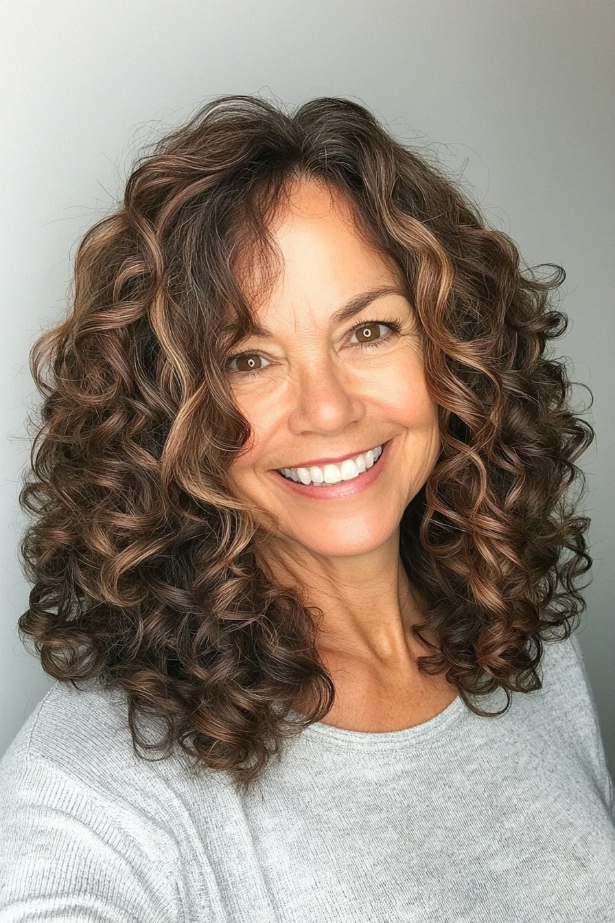26. Shoulder-Grazing Curls with Dimensional Brown (Hairstyles For Women Over 50 With Curly Hair) - Hairstyles For Women Over 50 With Curly Hair