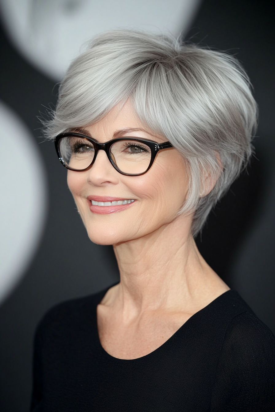 1. Silver Feathered Pixie (Pixie Haircuts For Older Women With Glasses) - Pixie Haircuts For Older Women With Glasses