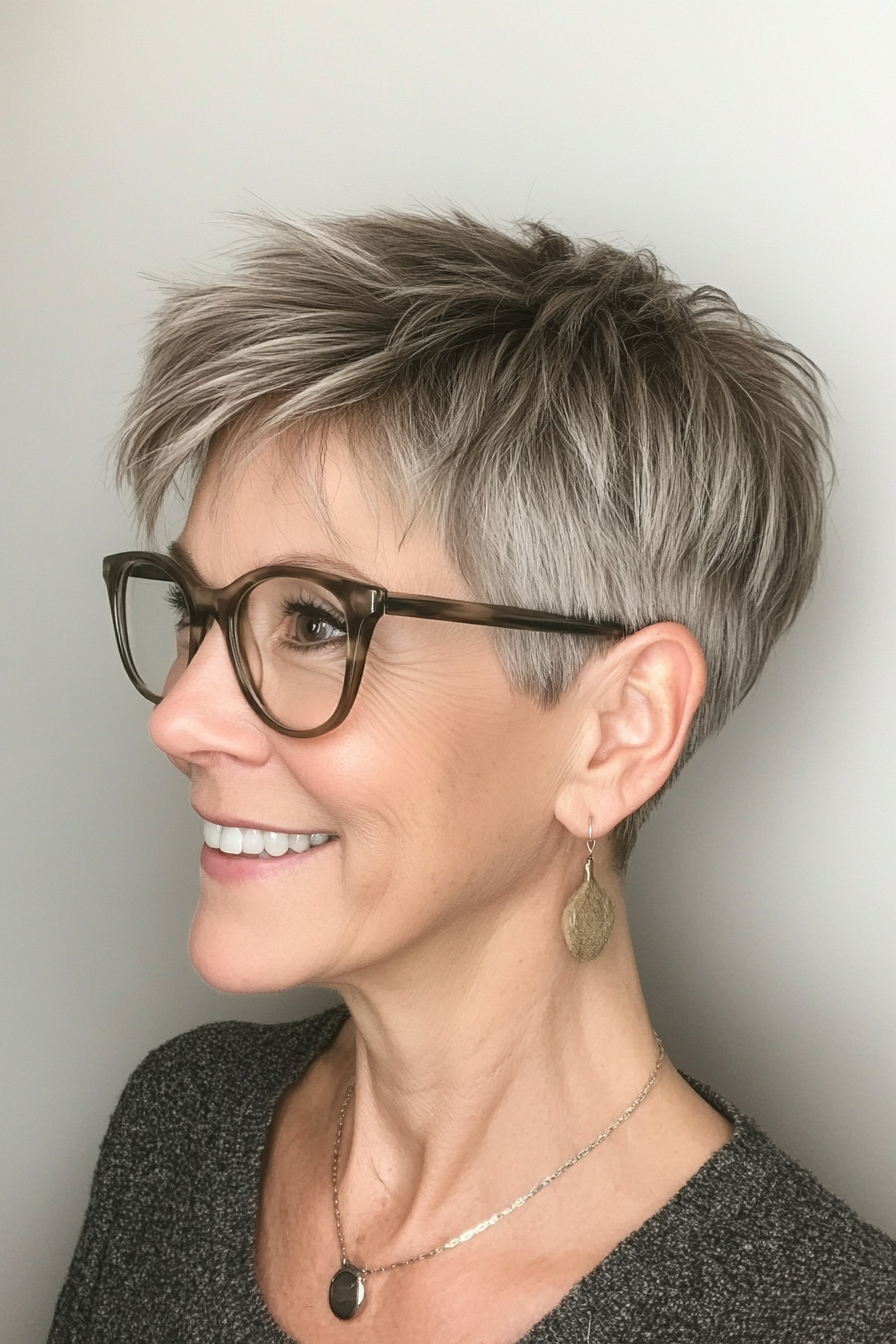 4. Salt-and-Pepper Layered Pixie (Pixie Haircuts For Older Women With Glasses) - Pixie Haircuts For Older Women With Glasses
