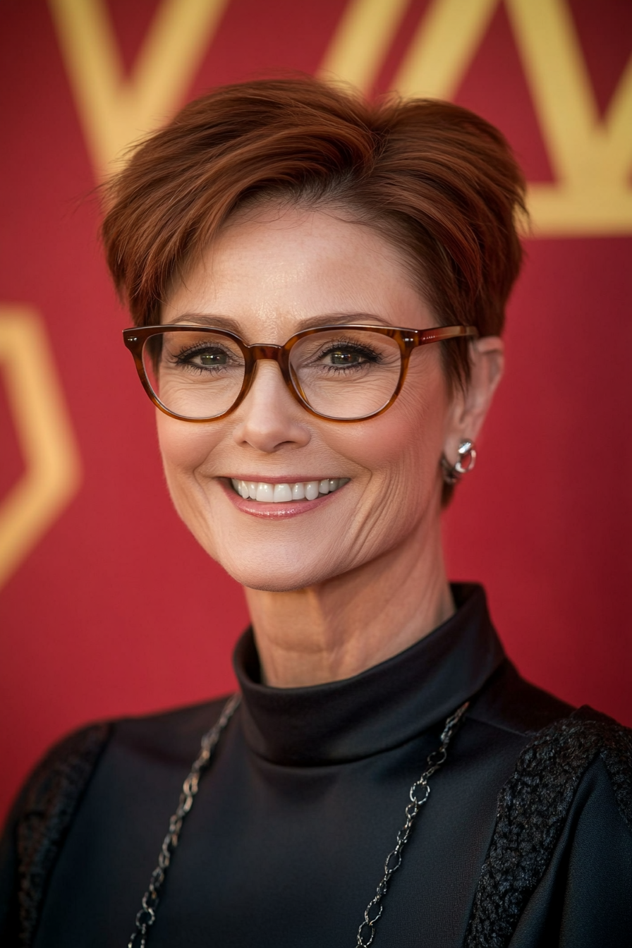 5. Warm Chestnut Classic Pixie (Pixie Haircuts For Older Women With Glasses) - Pixie Haircuts For Older Women With Glasses