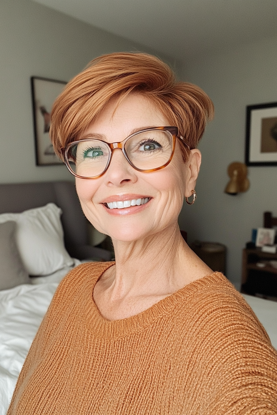 6. Light Auburn Crop with Side Volume (Pixie Haircuts For Older Women With Glasses) - Pixie Haircuts For Older Women With Glasses