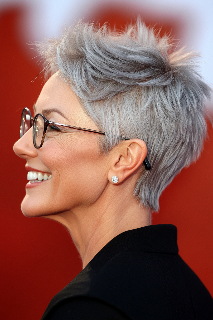 9. Gray Layered Pixie with Lifted Crown (Pixie Haircuts For Older Women With Glasses) - Pixie Haircuts For Older Women With Glasses