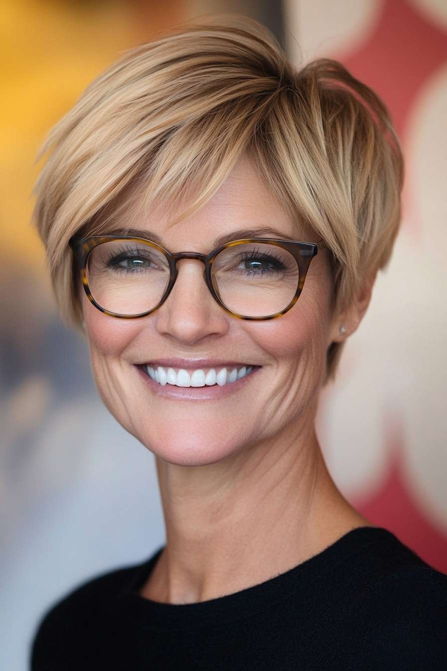 10. Honey Blonde Swooped Pixie (Pixie Haircuts For Older Women With Glasses) - Pixie Haircuts For Older Women With Glasses