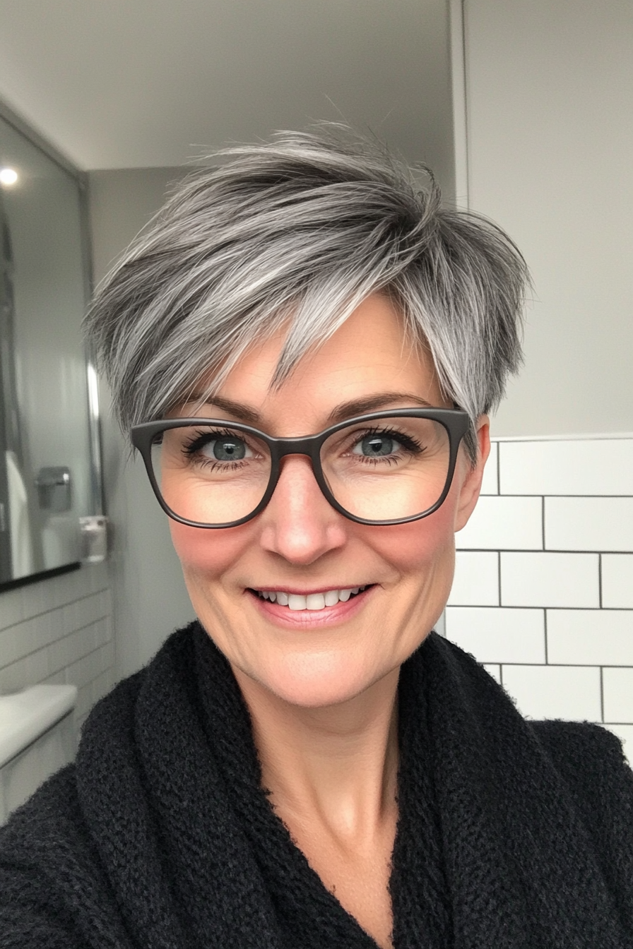 11. Steel Gray Edgy Pixie (Pixie Haircuts For Older Women With Glasses) - Pixie Haircuts For Older Women With Glasses