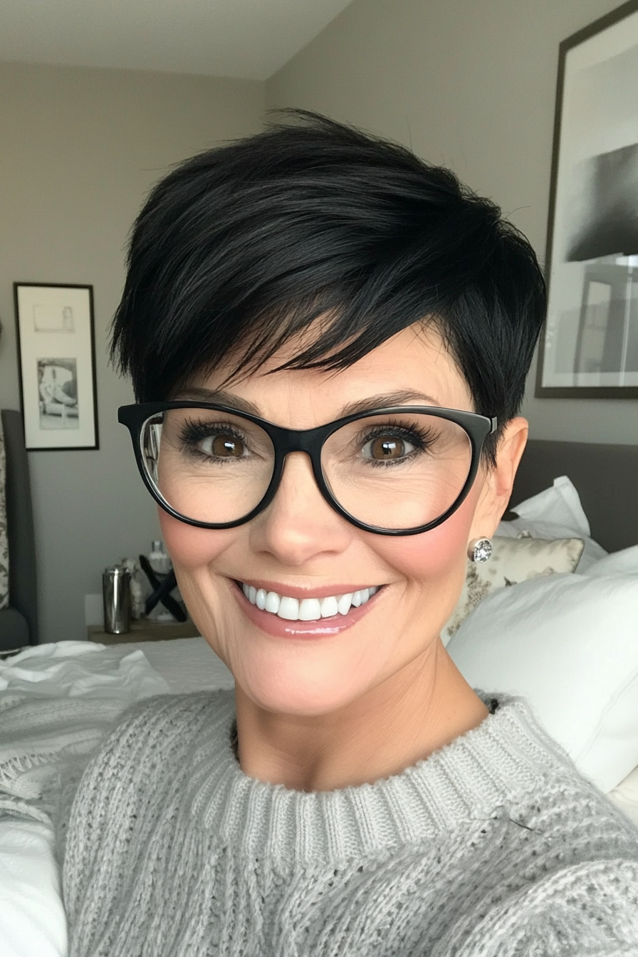 12. Rich Black Cropped Pixie (Pixie Haircuts For Older Women With Glasses) - Pixie Haircuts For Older Women With Glasses