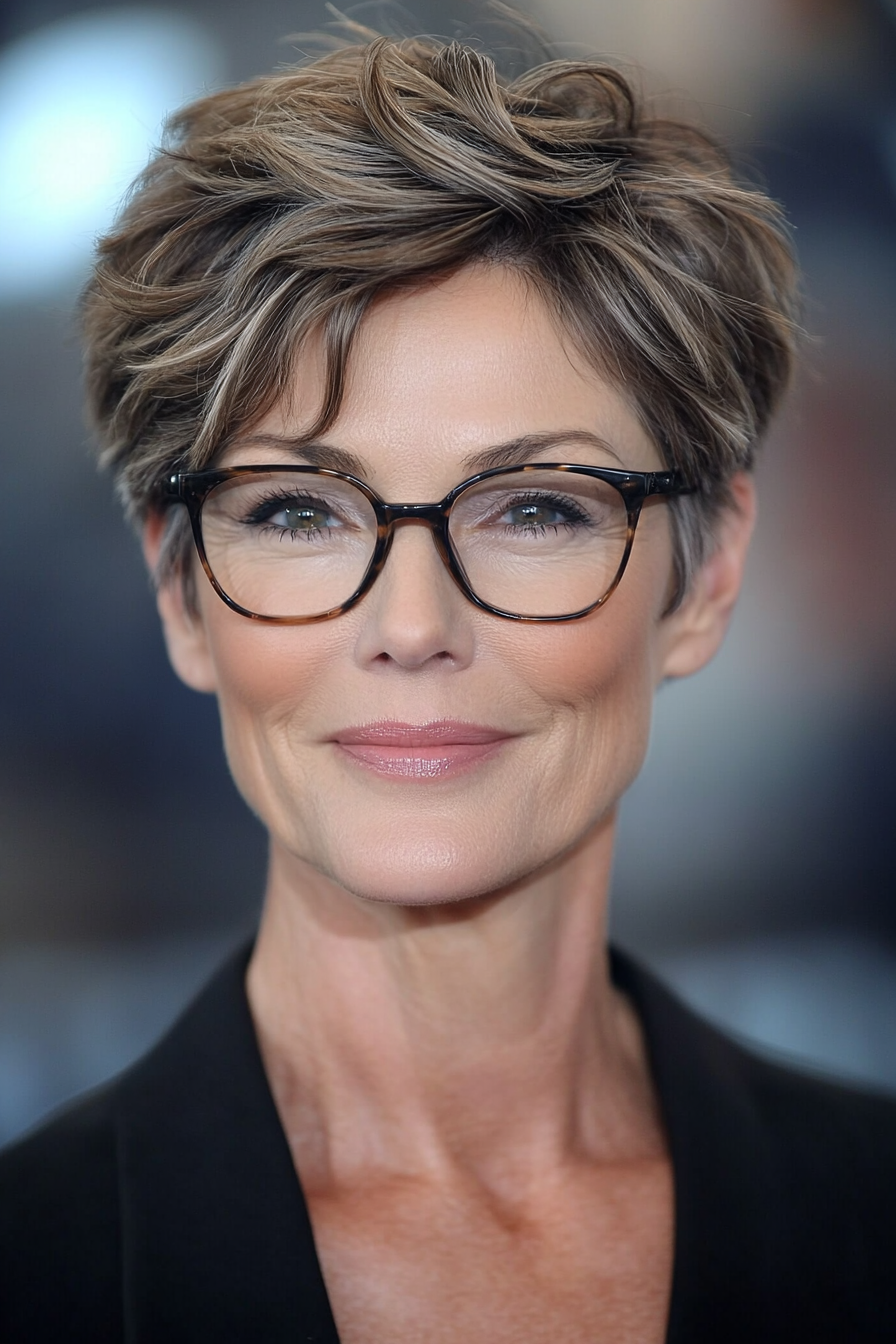 13. Soft Mocha Pixie with Crown Layers (Pixie Haircuts For Older Women With Glasses) - Pixie Haircuts For Older Women With Glasses