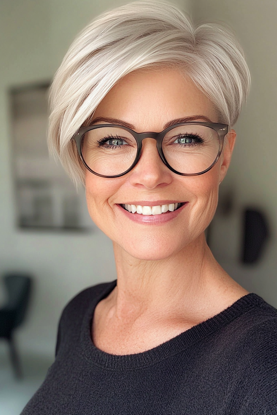 14. Platinum Pixie with Side Part (Pixie Haircuts For Older Women With Glasses) - Pixie Haircuts For Older Women With Glasses