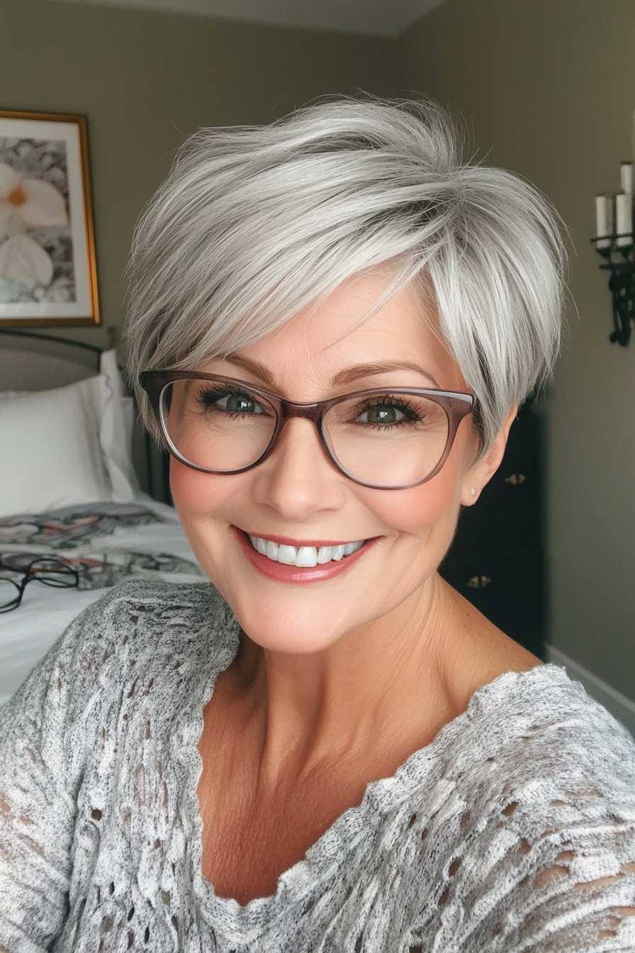 15. Sandy Gray Feminine Pixie (Pixie Haircuts For Older Women With Glasses) - Pixie Haircuts For Older Women With Glasses