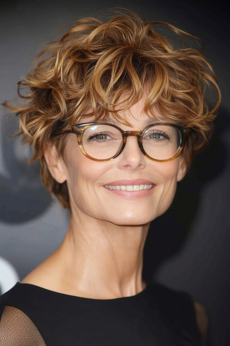 16. Golden Brown Tousled Pixie (Pixie Haircuts For Older Women With Glasses) - Pixie Haircuts For Older Women With Glasses