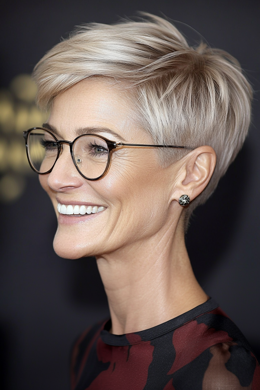 17. Champagne Blonde Undercut Pixie (Pixie Haircuts For Older Women With Glasses) - Pixie Haircuts For Older Women With Glasses