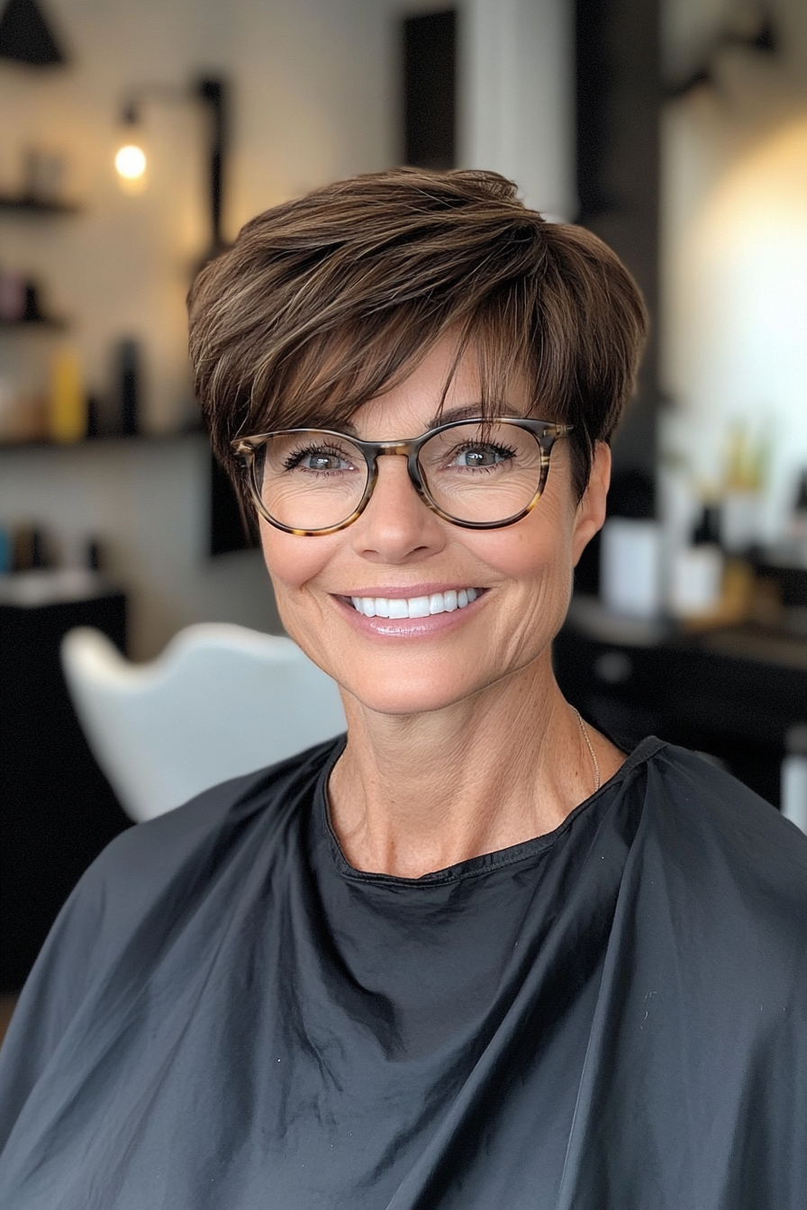18. Natural Brunette Choppy Pixie (Pixie Haircuts For Older Women With Glasses) - Pixie Haircuts For Older Women With Glasses