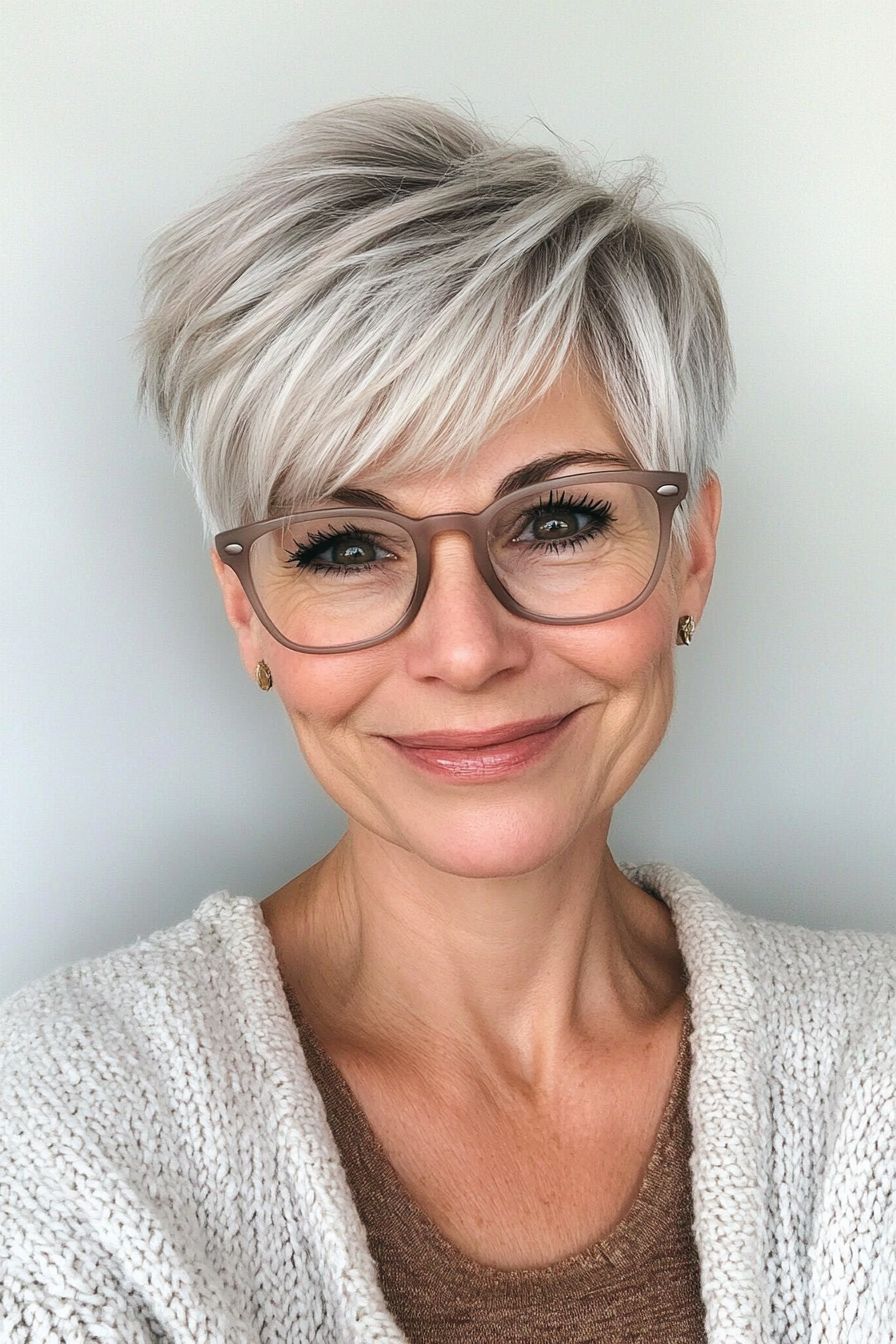 19. Icy Gray Pixie with Wispy Bangs (Pixie Haircuts For Older Women With Glasses) - Pixie Haircuts For Older Women With Glasses