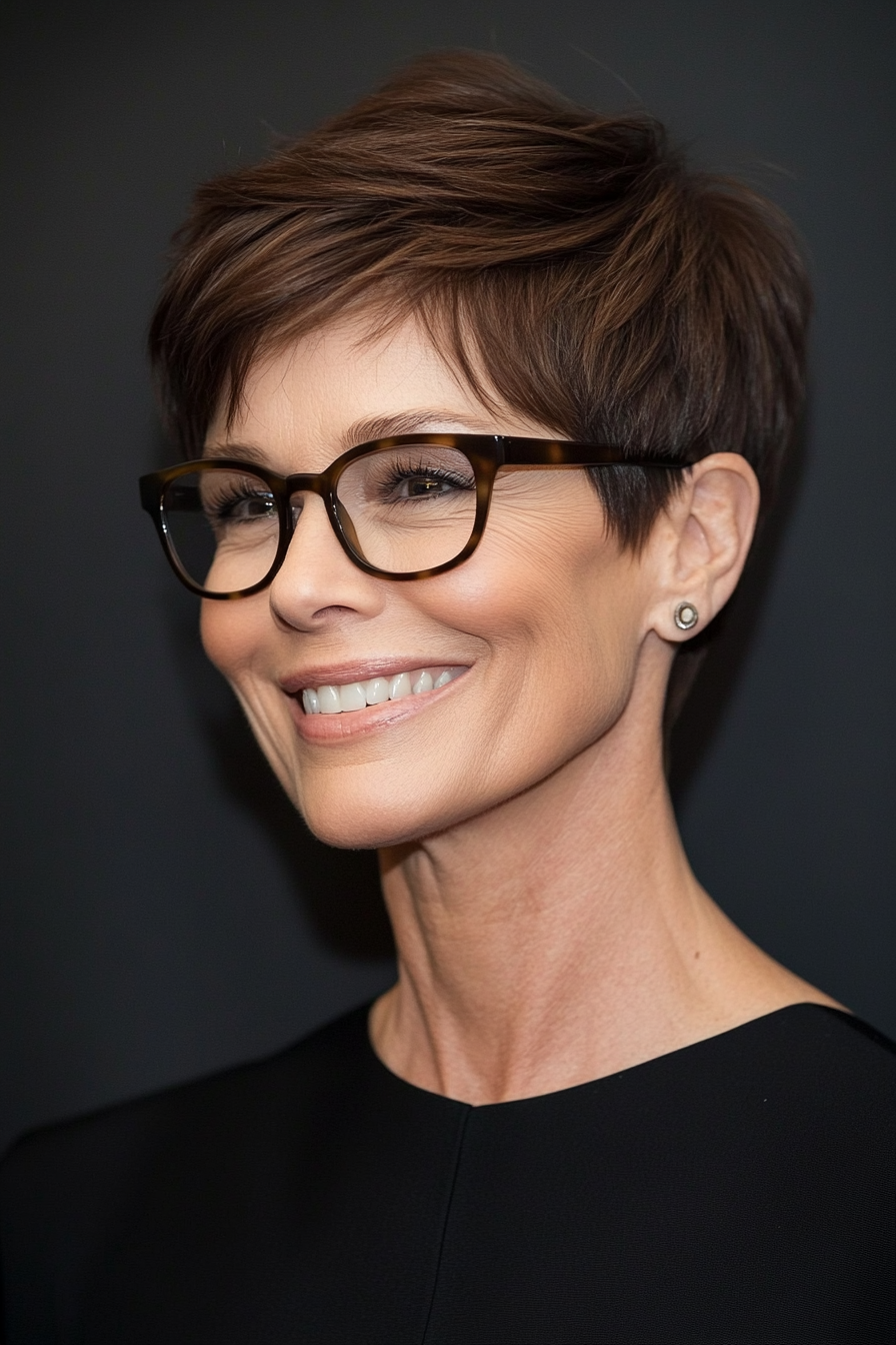 20. Cocoa Brown Smooth Pixie (Pixie Haircuts For Older Women With Glasses) - Pixie Haircuts For Older Women With Glasses