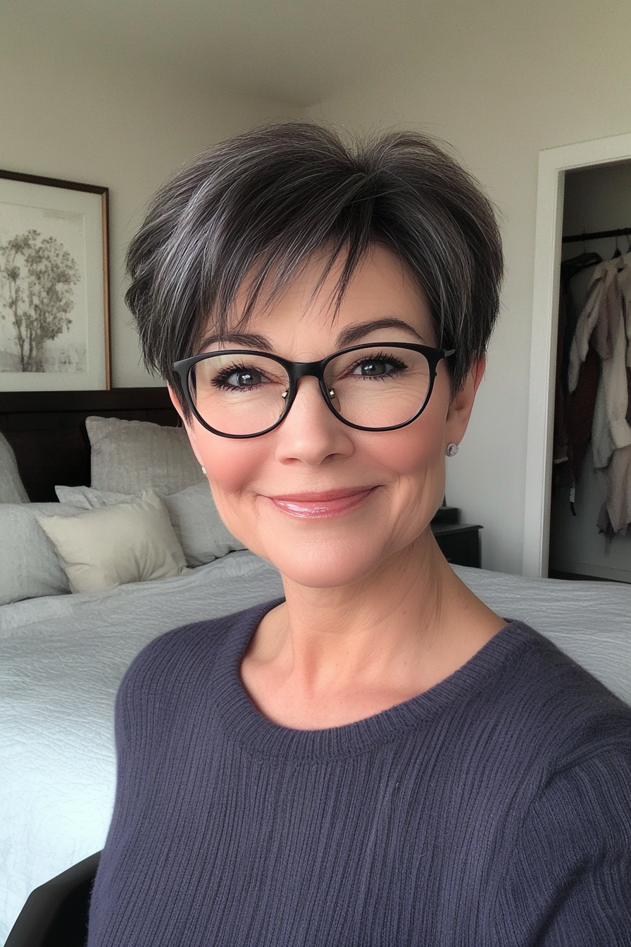 22. Dark Ash Pixie with Soft Fringe (Pixie Haircuts For Older Women With Glasses) - Pixie Haircuts For Older Women With Glasses