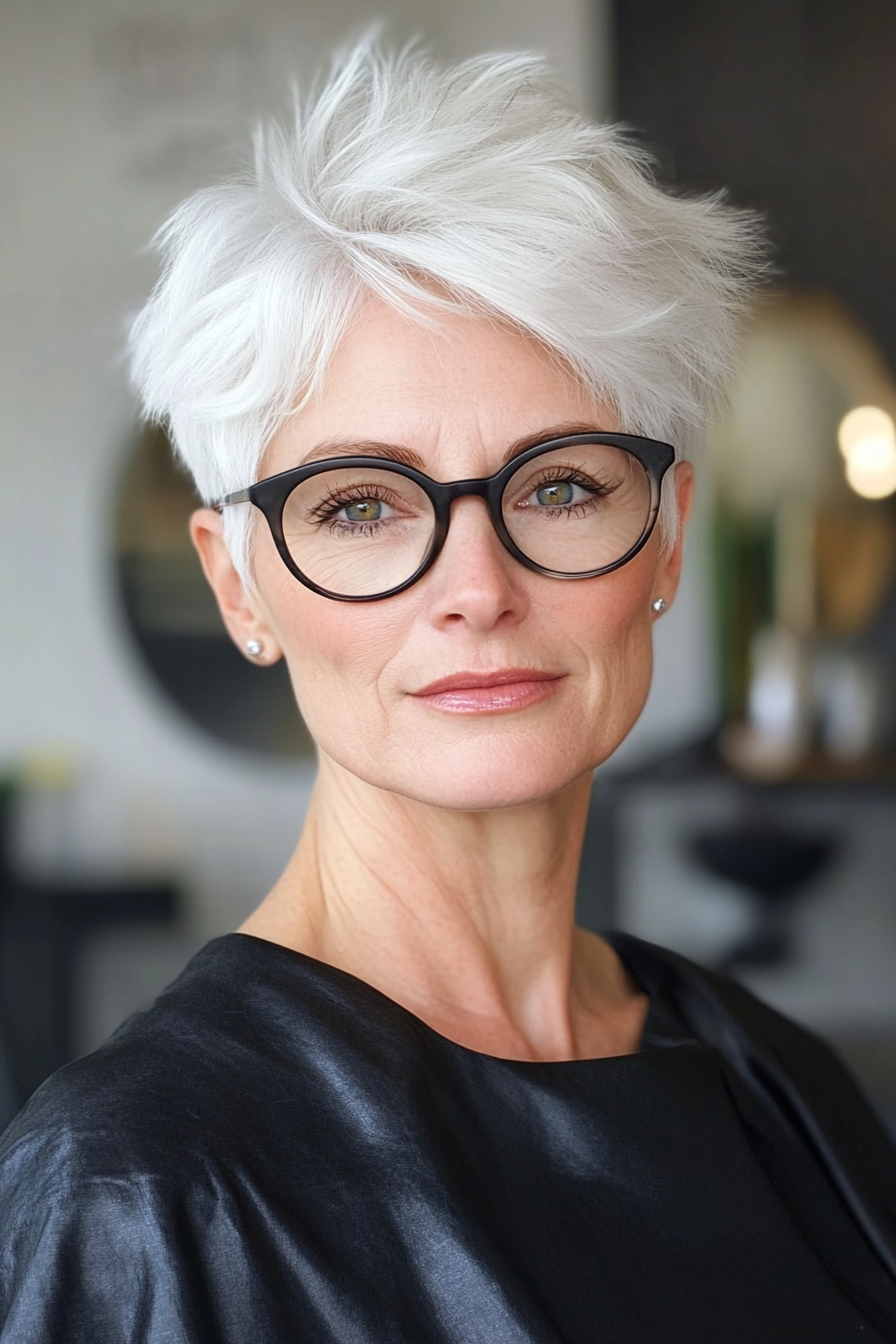 23. Snowy White Pixie with Lift (Pixie Haircuts For Older Women With Glasses) - Pixie Haircuts For Older Women With Glasses