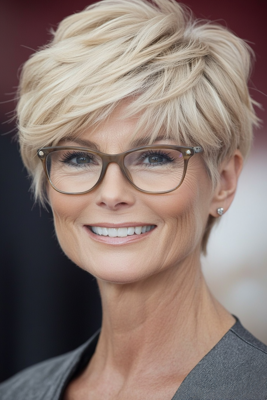 24. Beige Blonde Layered Pixie (Pixie Haircuts For Older Women With Glasses) - Pixie Haircuts For Older Women With Glasses
