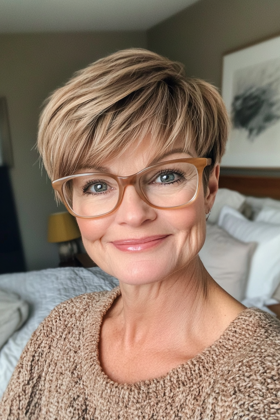 26. Soft Caramel Pixie with Side Bangs (Pixie Haircuts For Older Women With Glasses) - Pixie Haircuts For Older Women With Glasses