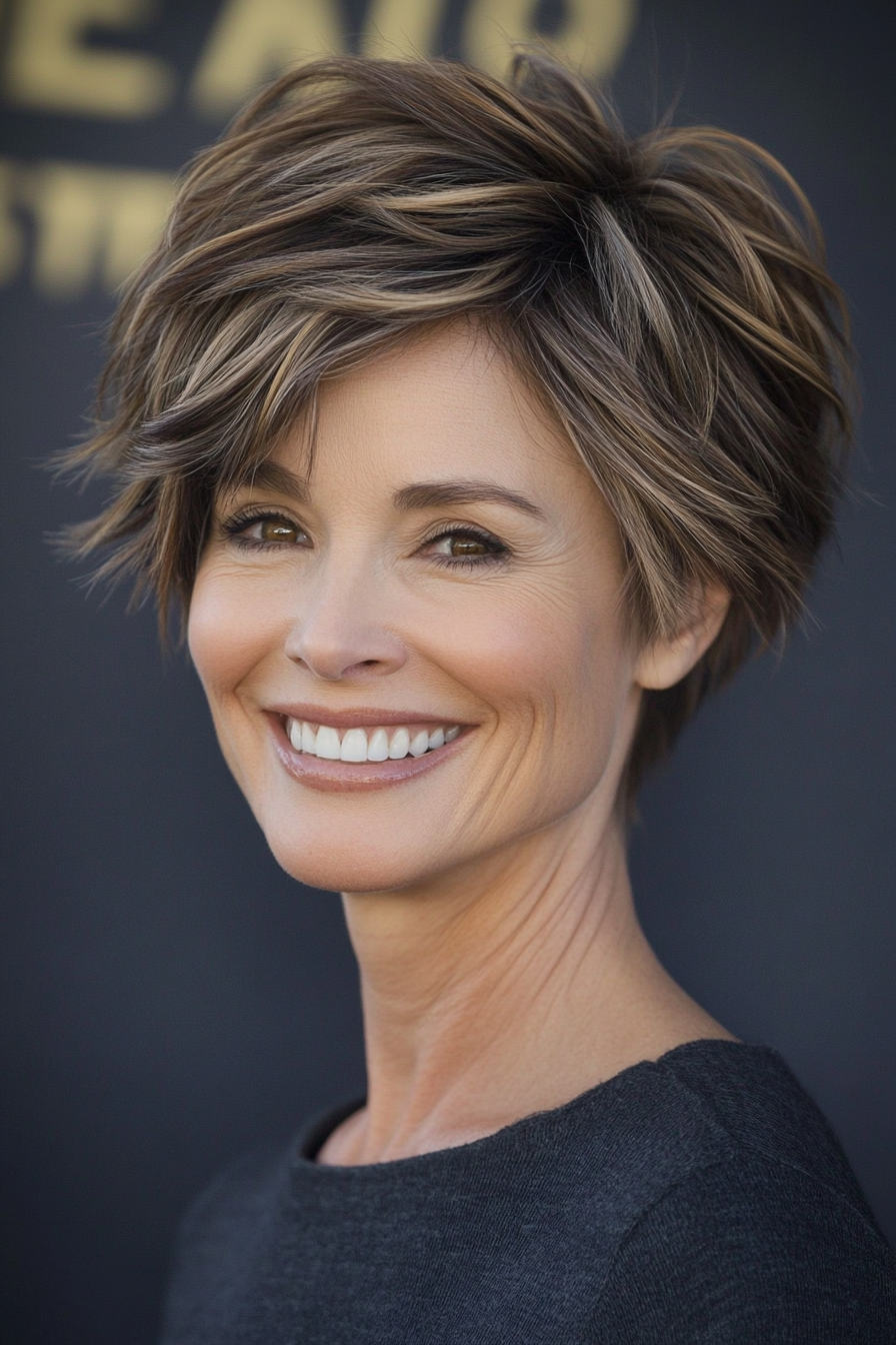 1. Feathered Pixie with Soft Brown Tones (Short Hairstyles For Women Over 50 With Thick Hair) - Short Hairstyles For Women Over 50 With Thick Hair