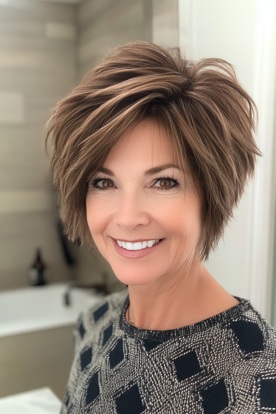 15. Layered Razor Cut in Rich Mocha (Short Hairstyles For Women Over 50 With Thick Hair) - Short Hairstyles For Women Over 50 With Thick Hair