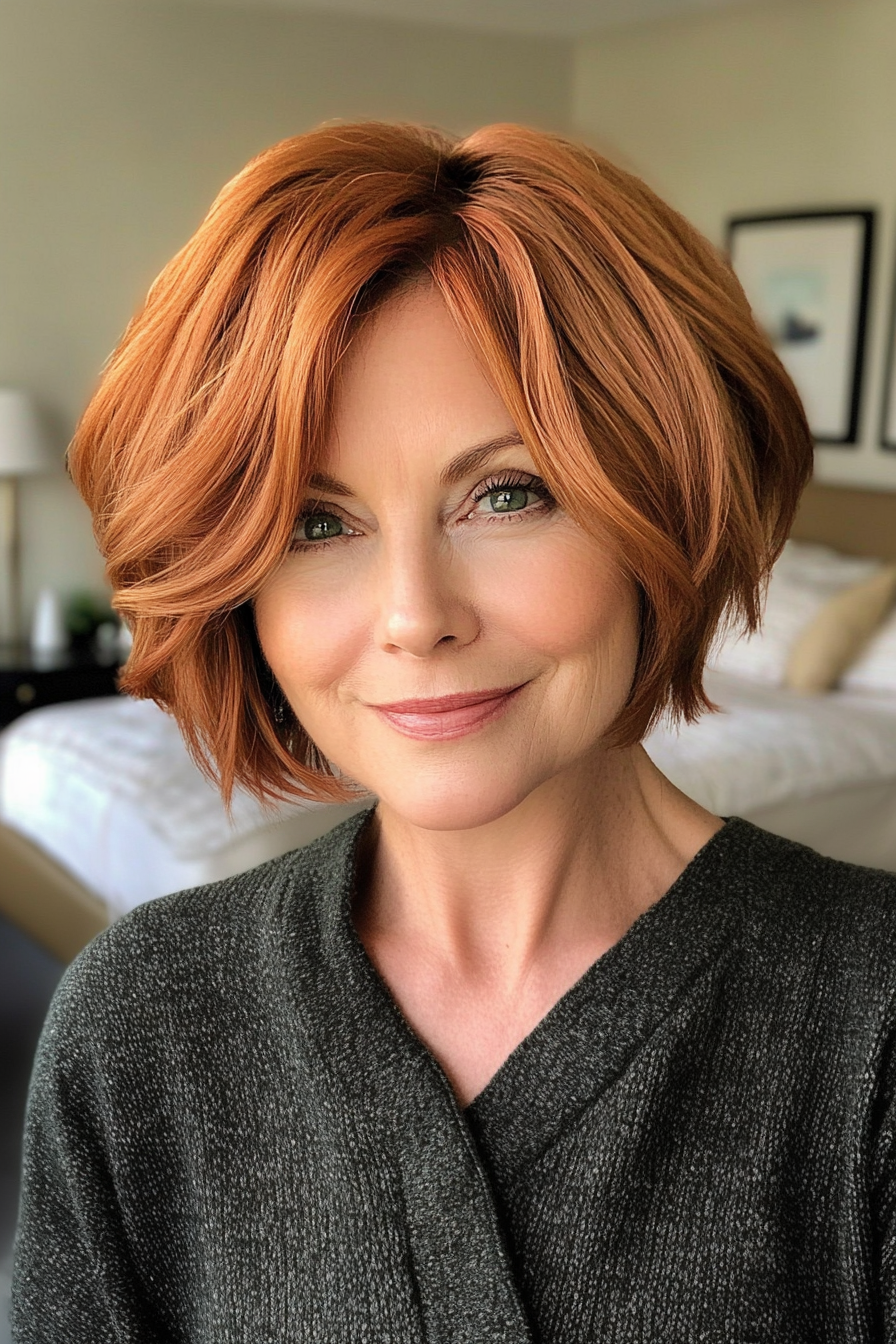 21. Layered French Bob in Soft Copper (Short Hairstyles For Women Over 50 With Thick Hair) - Short Hairstyles For Women Over 50 With Thick Hair