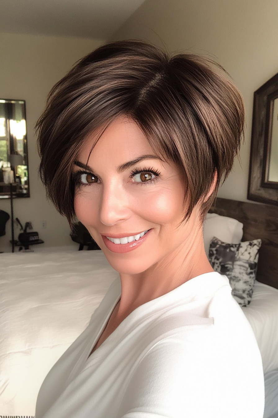 22. Short Angled Cut in Deep Brown (Short Hairstyles For Women Over 50 With Thick Hair) - Short Hairstyles For Women Over 50 With Thick Hair