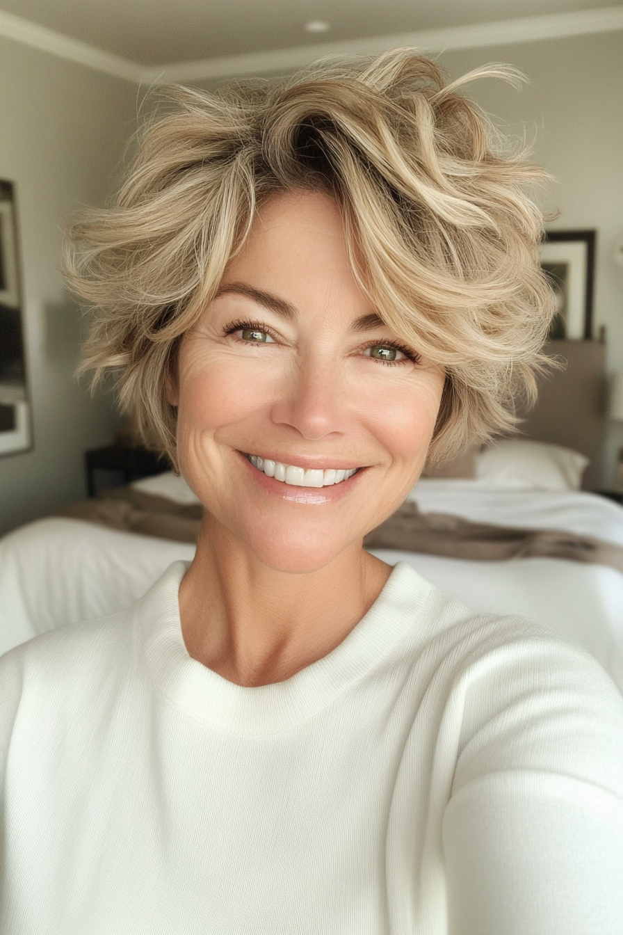 24. Messy Crop with Beige Blonde Blend (Short Hairstyles For Women Over 50 With Thick Hair) - Short Hairstyles For Women Over 50 With Thick Hair