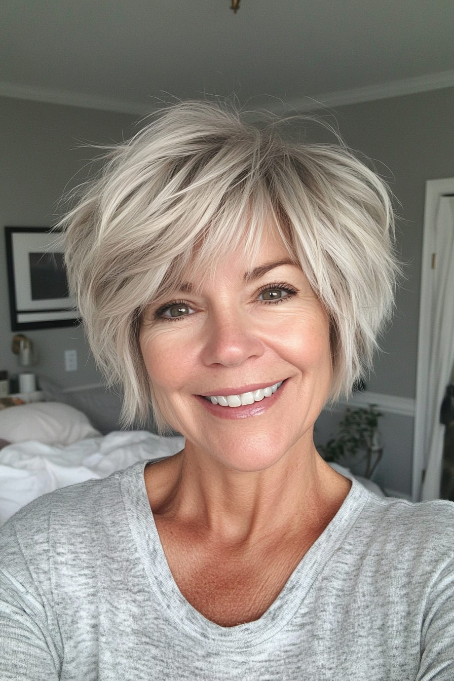 1. Feathered Ash Blonde Crop Shag (Short Shag Hairstyles For Older Women) - Short Shag Hairstyles For Older Women