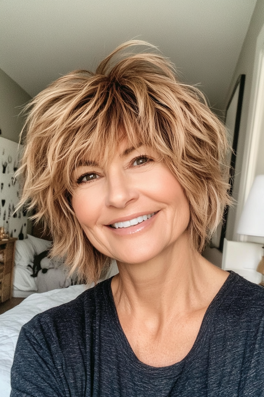 2. Tousled Sandy Brown Shag with Side Bangs (Short Shag Hairstyles For Older Women) - Short Shag Hairstyles For Older Women