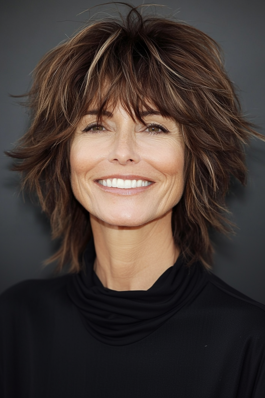 4. Short Mocha Layered Shag (Short Shag Hairstyles For Older Women) - Short Shag Hairstyles For Older Women