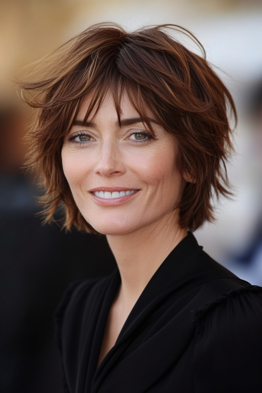 6. Piecey Chestnut Crop with Mini Fringe (Short Shag Hairstyles For Older Women) - Short Shag Hairstyles For Older Women