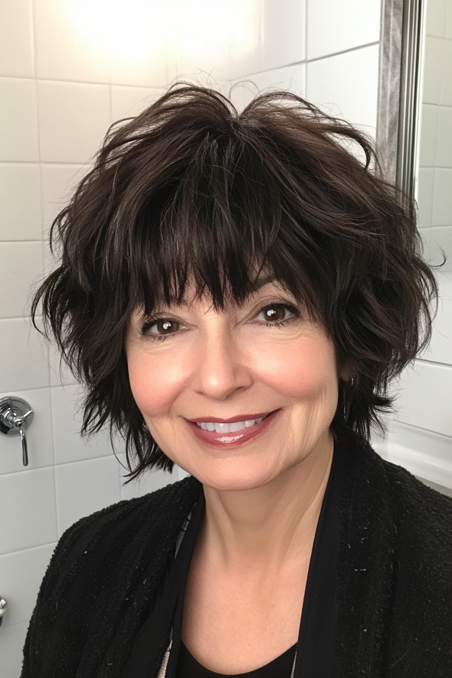 8. Tumbled Dark Brown Shag with Full Bangs (Short Shag Hairstyles For Older Women) - Short Shag Hairstyles For Older Women