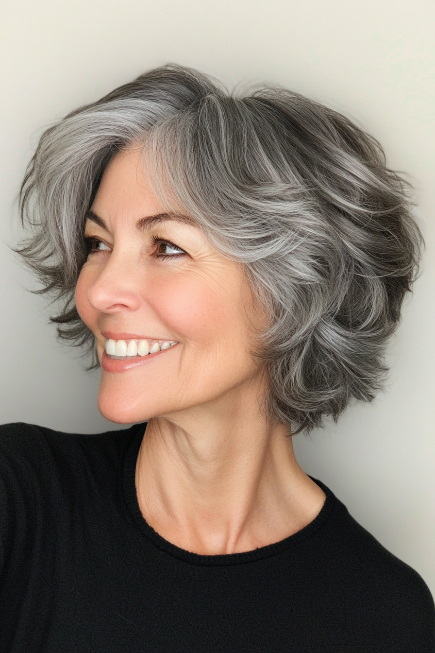 19. Chin-Length Gray Shag with Swirled Layers (Short Shag Hairstyles For Older Women) - Short Shag Hairstyles For Older Women