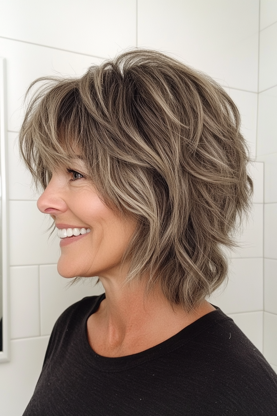 20. Wavy Dark Blonde Shag with Textured Bangs (Short Shag Hairstyles For Older Women) - Short Shag Hairstyles For Older Women