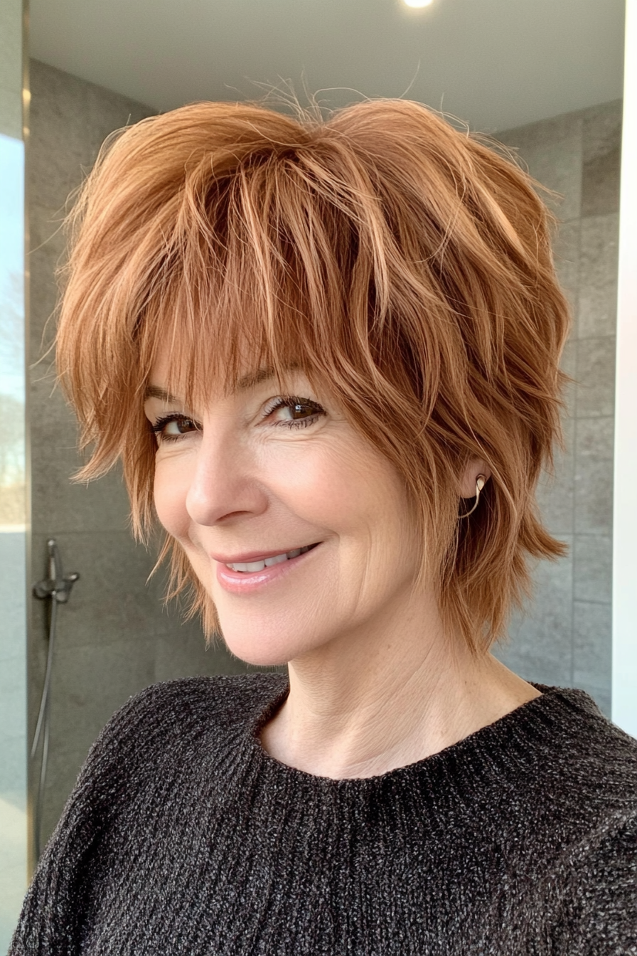 21. Short Cinnamon Shag with Curtain Bangs (Short Shag Hairstyles For Older Women) - Short Shag Hairstyles For Older Women