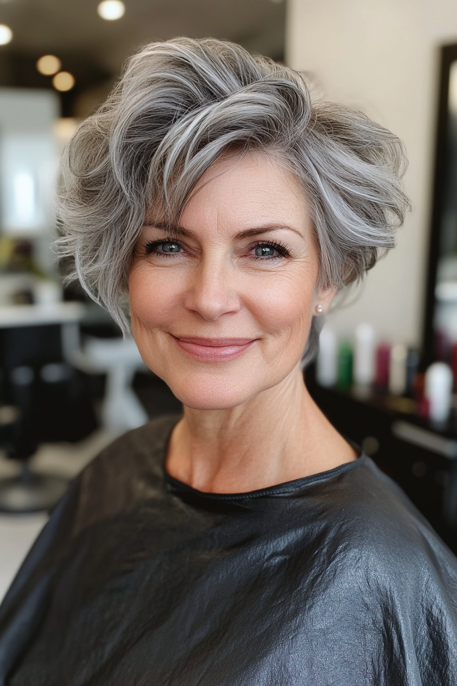 25. Fluffy Ash Gray Crop with Swooped Sides (Short Shag Hairstyles For Older Women) - Short Shag Hairstyles For Older Women