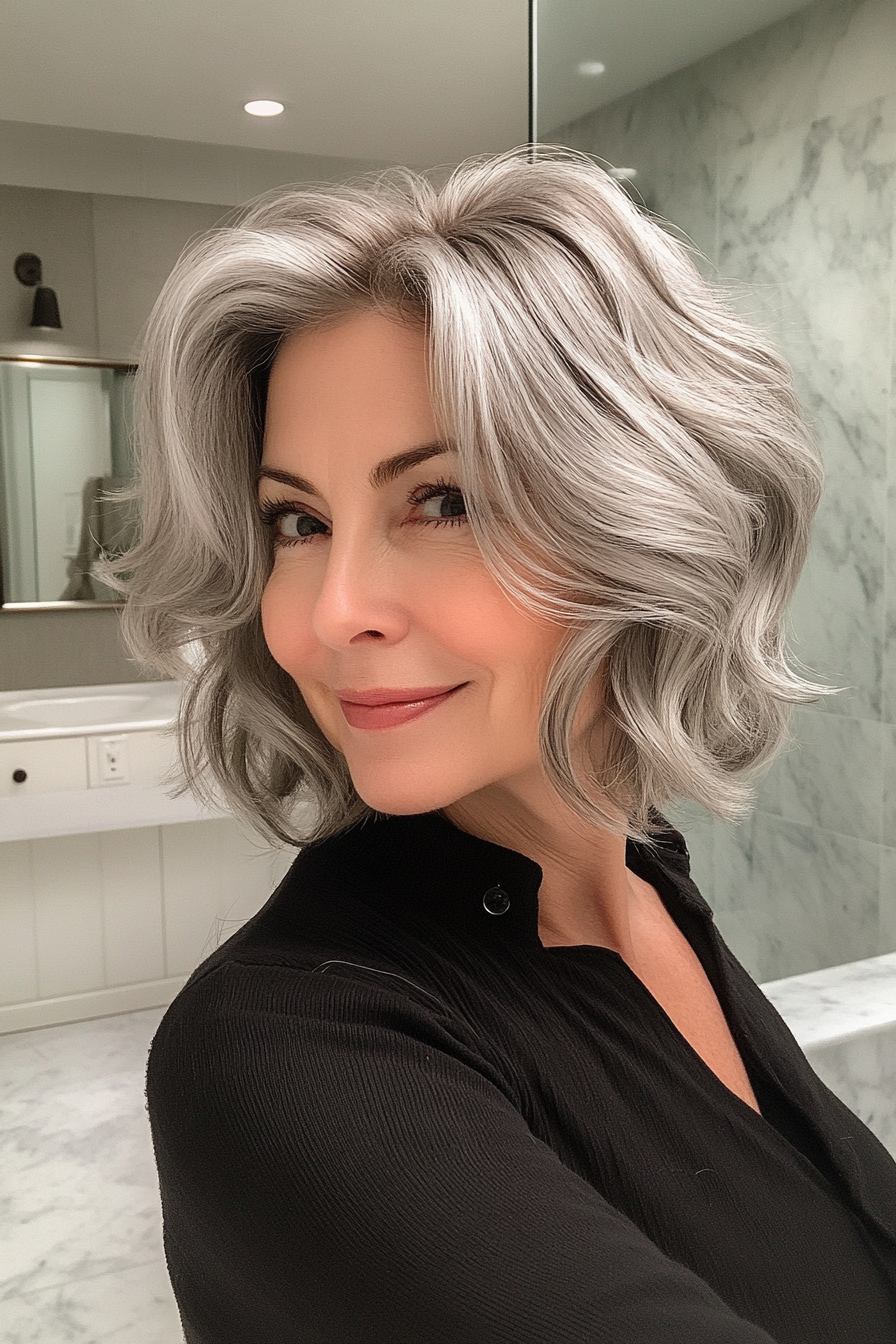 3. Feathered Wavy Lob in Silver Gray (Short Wavy Hairstyles For Women Over 50) - Short Wavy Hairstyles For Women Over 50
