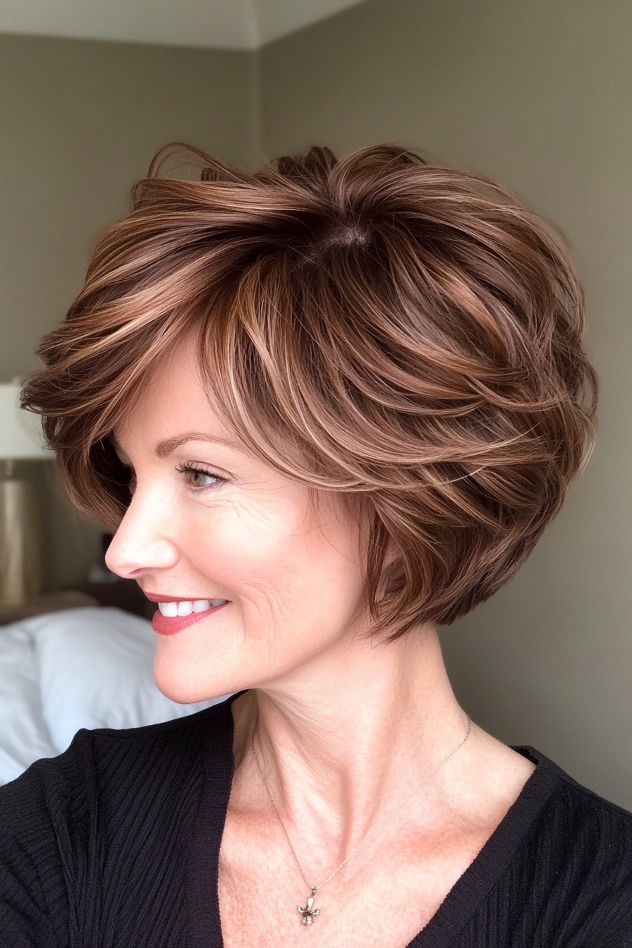 4. Layered Pixie Bob in Chestnut Brown (Short Wavy Hairstyles For Women Over 50) - Short Wavy Hairstyles For Women Over 50