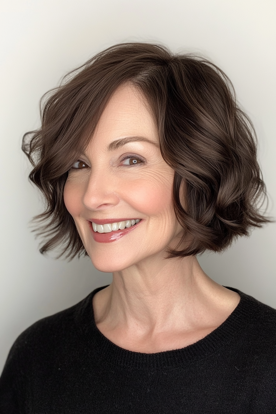 6. Chin-Length Wavy Bob in Dark Chocolate (Short Wavy Hairstyles For Women Over 50) - Short Wavy Hairstyles For Women Over 50