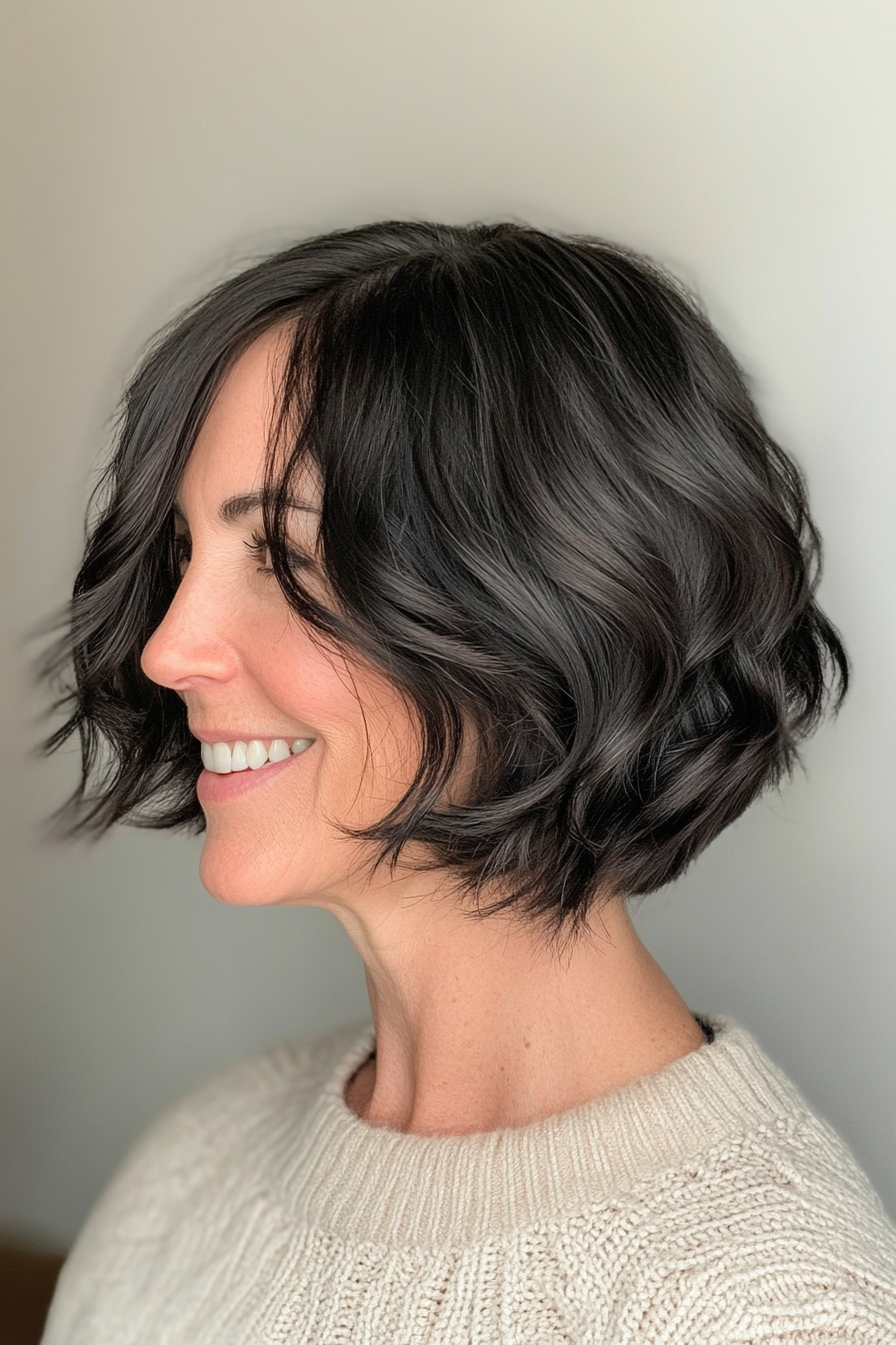 8. Wavy French Bob in Soft Black (Short Wavy Hairstyles For Women Over 50) - Short Wavy Hairstyles For Women Over 50