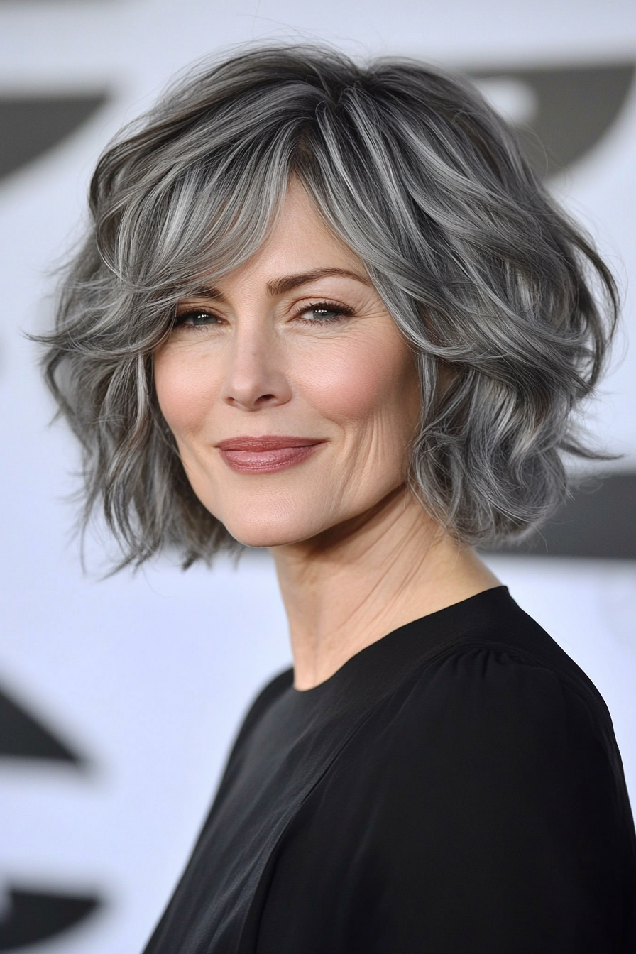 9. Short Shag with Bangs in Ash Gray (Short Wavy Hairstyles For Women Over 50) - Short Wavy Hairstyles For Women Over 50